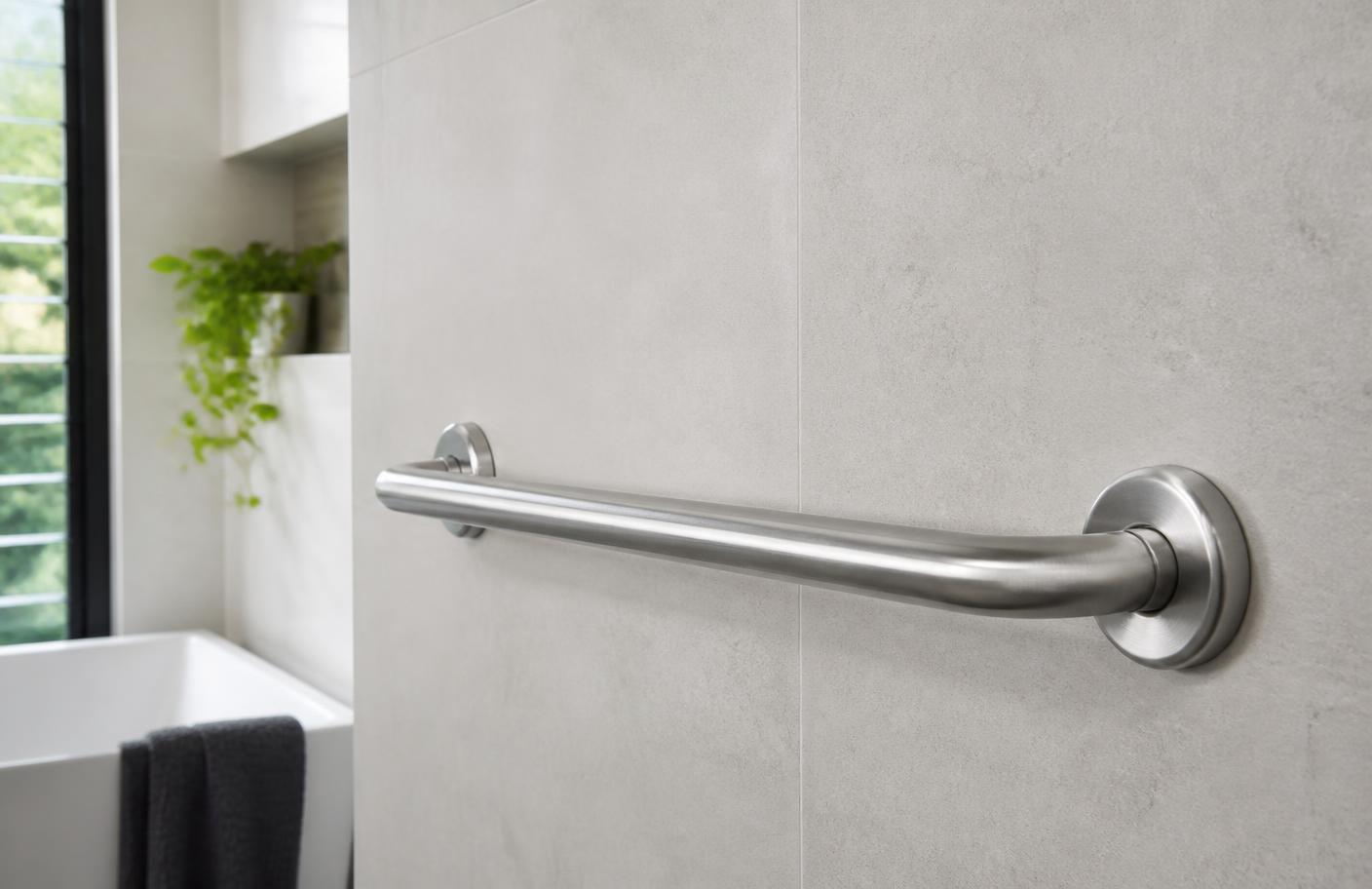 Grab rail neatly installed on a tiled bathroom wall
