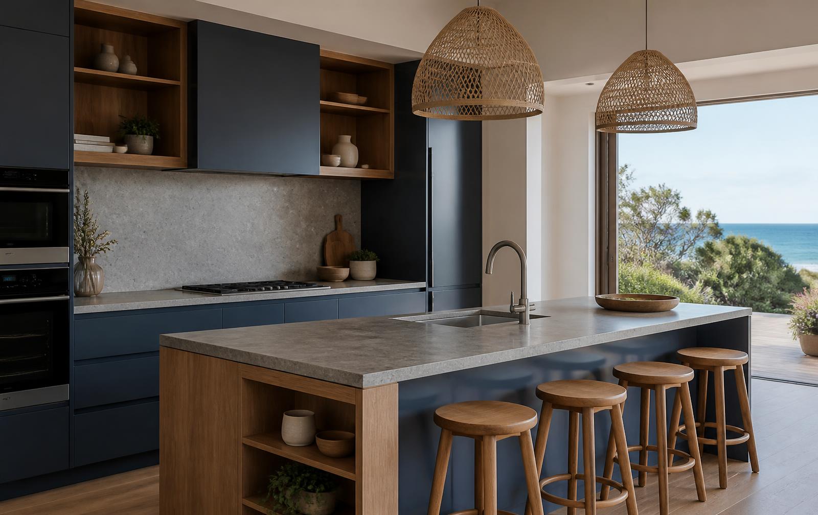 Kitchen with dark blue cabinetry, timber joinery and a stone island benchtop