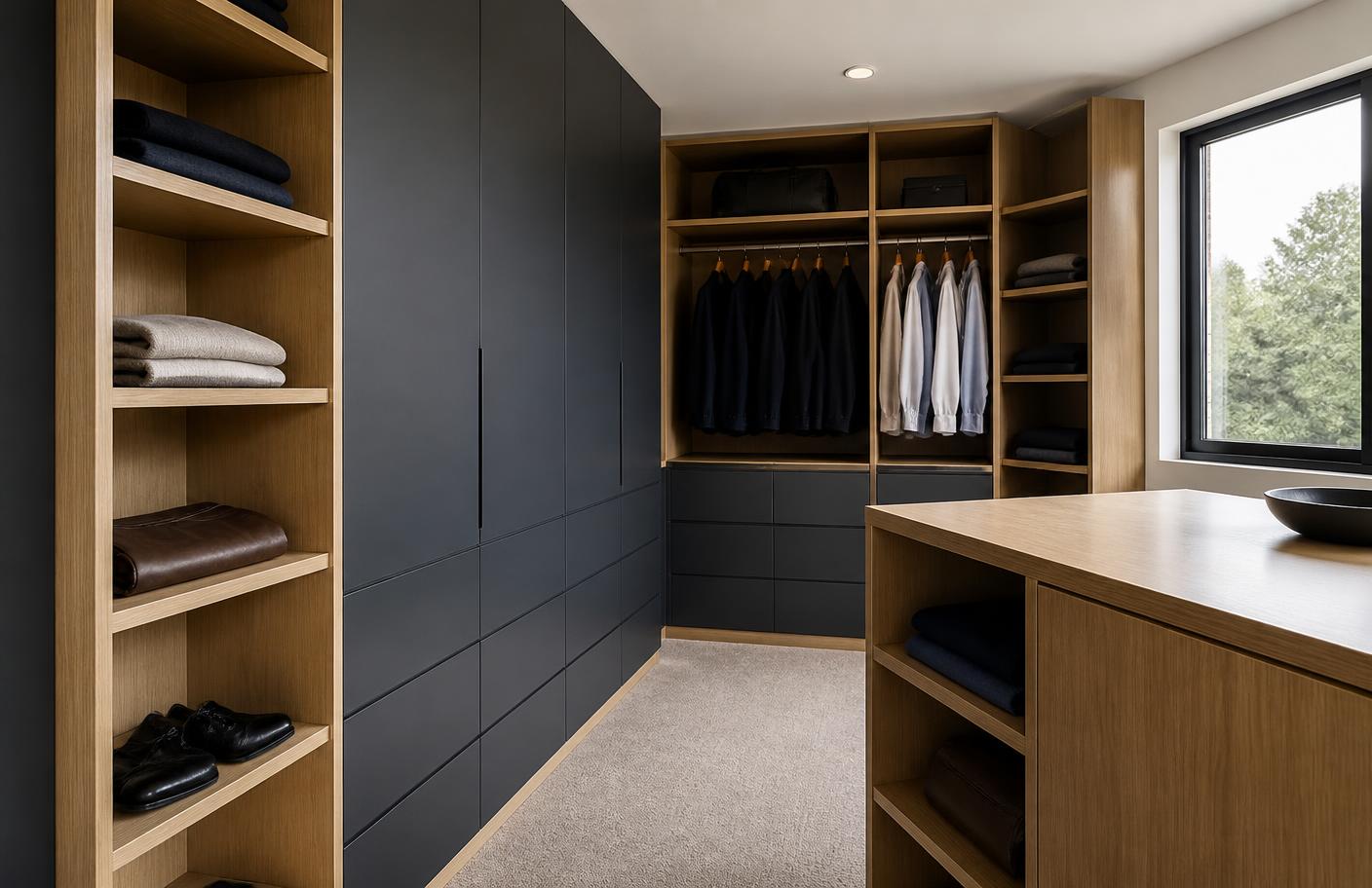 Custom joinery with timber shelving and dark cabinet fronts